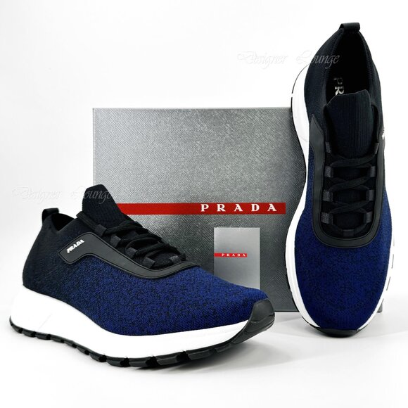 SOLD! NEW PRADA Men's Knit 2 Blue Black Textile Low Top Logo Sneakers UK 10.5 - Picture 8 of 10
